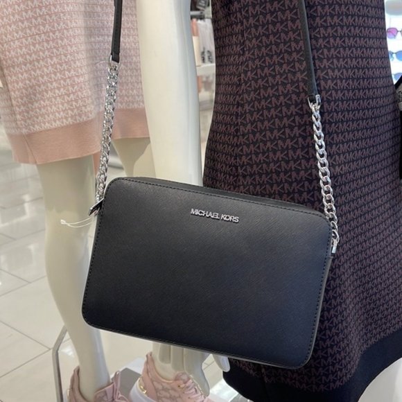 Michael Kors Jet Set Item Large East West Zip Crossbody Leather Black - Picture 1 of 16